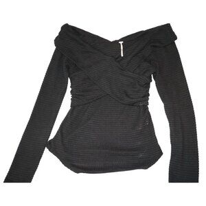 Free People Off Shoulder Waffle Knit Top Black Long Sleeve Grunge Baddie